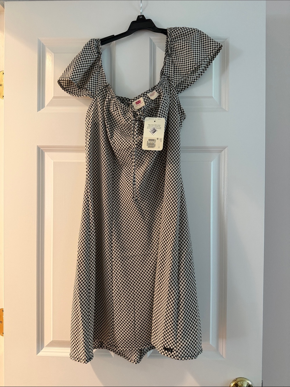 Black and White Gingham Puff-Sleeve Dress